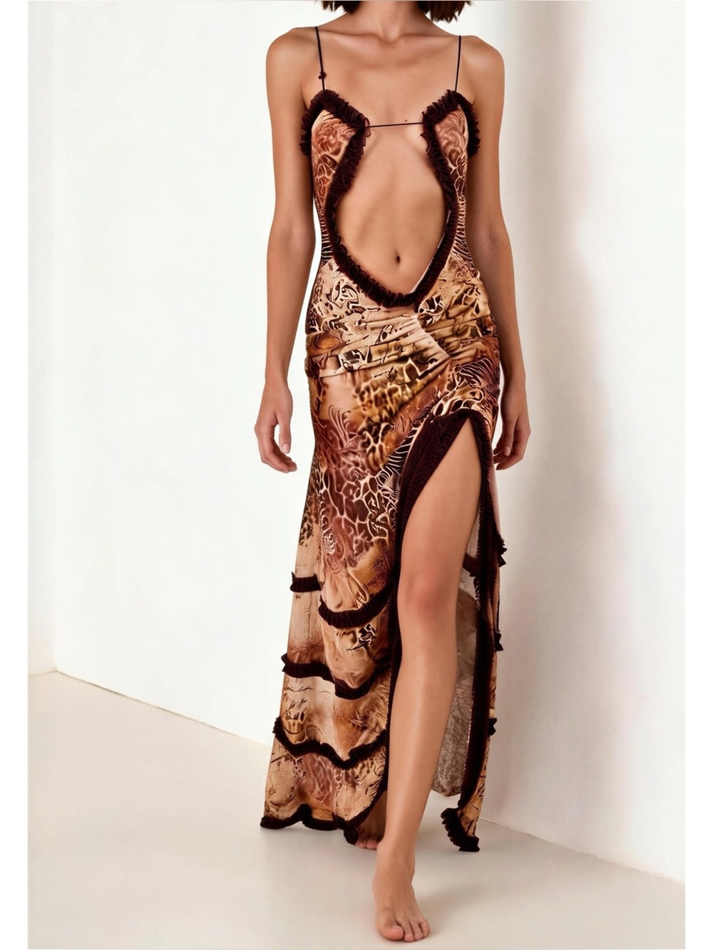 JADED LONDON Fatale Mesh Maxi Dress, Leopard Sunrose, 2 (US)